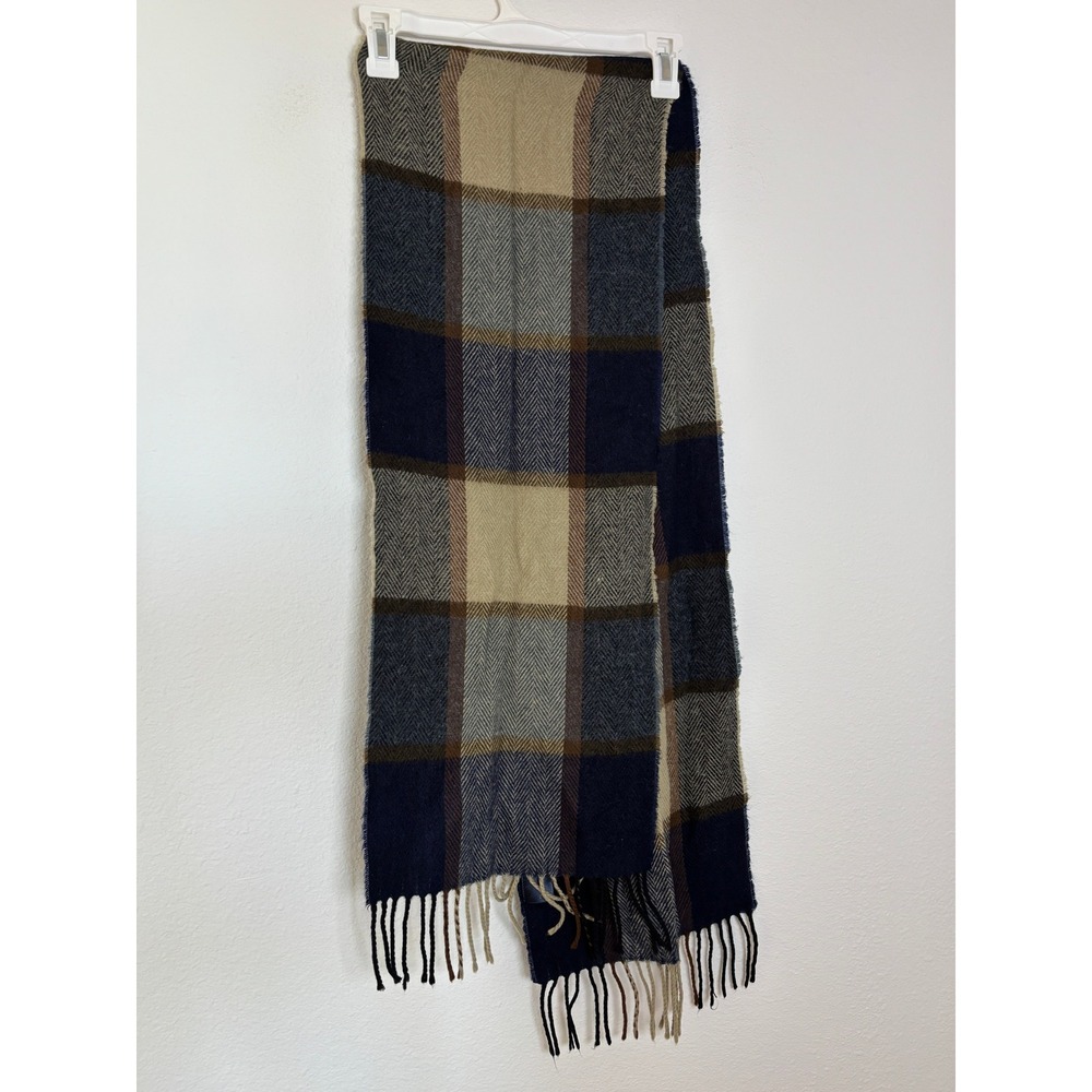 Tommy Hilfiger Scarf Navy Blue Tan Plaid Herringbone Fringed Winter Accessory
